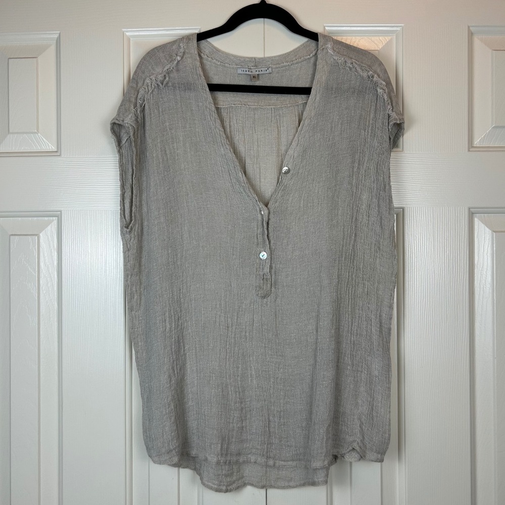 Tempo Paris Linen Henley Top Taupe Raw Edge Frayed V-Neck Made in Italy XL